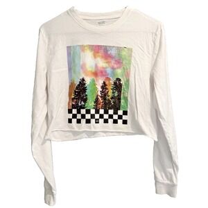 Vans T-shirt Women's Size Small Off The Wall White Graphic Long Sleeve Crop Top‎